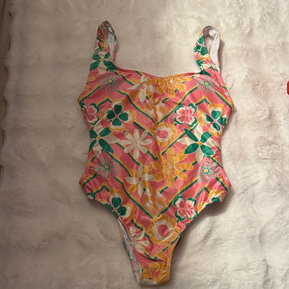 Floral One Piece Swimsuit - Pink, Green, Yellow